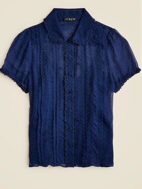 J.Crew Sheer lace-trim button-up shirt Navy dot crinkle chiffon blouse